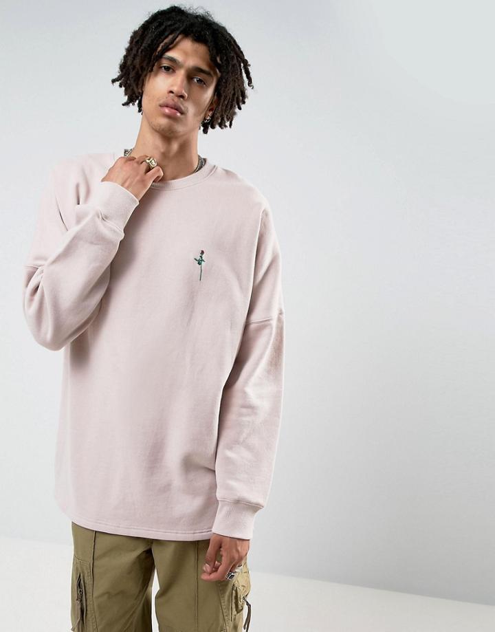 Mennace Dropped Shoulder Sweatshirt With Rose Embroidery In Pink - Pink