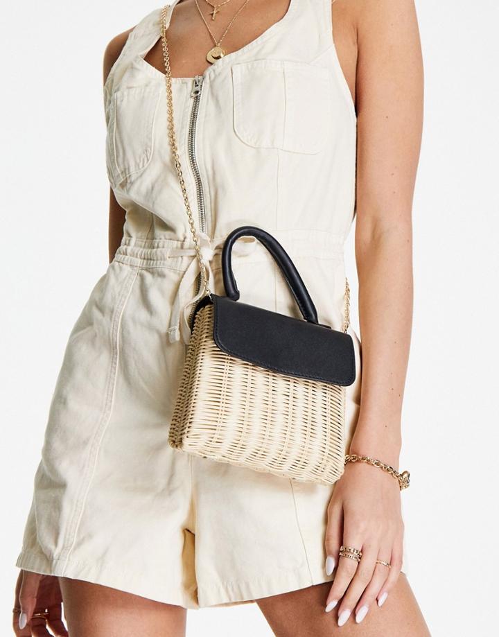 Asos Design Mini Crossbody Bag In Straw And Pu Mix-black