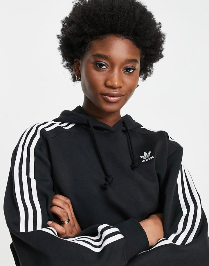 Adidas Originals Adicolor 3 Stripe Cropped Hoodie In Black