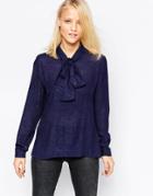 Minimum Long Sleeve Embossed Blouse With Pussy Bow - Navy