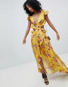 Asos Design Ruffle Maxi Dress With Cut Out Back In Yellow Floral Print - Multi