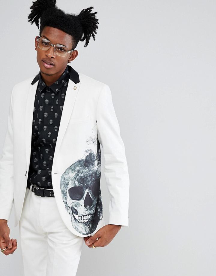 Noose & Monkey Super Skinny Printed Skull Tuxedo Suit Jacket - White