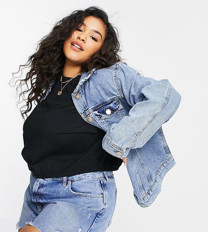 River Island Plus Frill Collar Denim Jacket In Mid Blue-blues