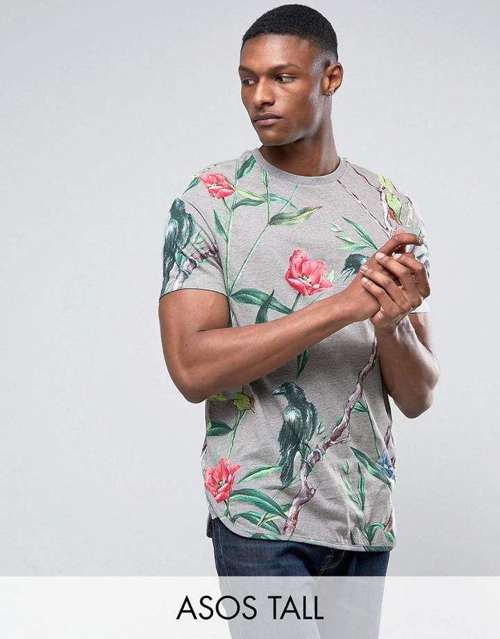 Asos Tall Longline T-shirt With All Over Floral Print & Curved Hem - Gray