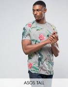 Asos Tall Longline T-shirt With All Over Floral Print & Curved Hem - Gray