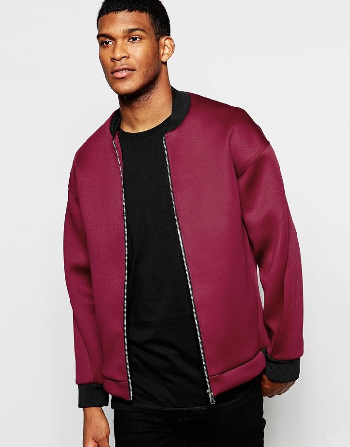 Asos Drop Shoulder Neoprene Bomber Jacket In Burgundy - Burgundy