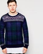 Bellfield Plaid Knitted Sweater - Navy