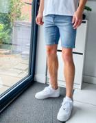Asos Design Skinny Denim Shorts In Mid Wash Blue-blues