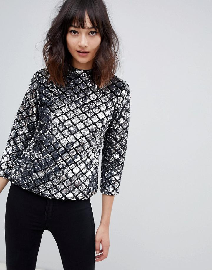 Unique 21 Diamond Long Sleeve Top - Silver