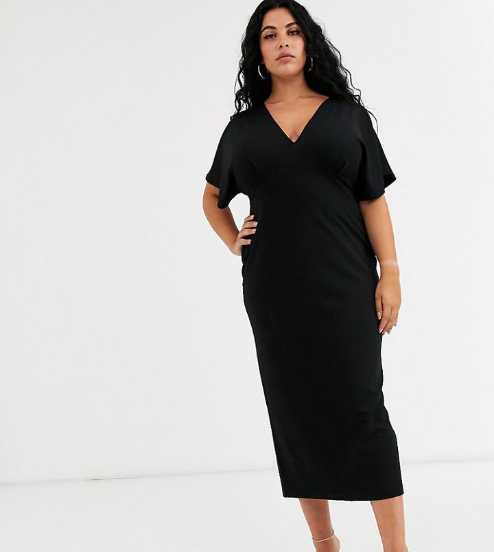Asos Design Curve Exclusive Midi Batwing Dress In Ponte-black