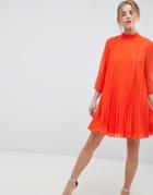 Asos Design Pleated Trapeze Mini Dress - Orange