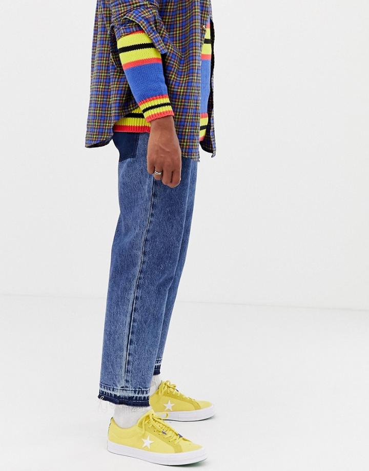 Collusion Skater Jean With Unsewn Hem In Mid Snow Wash - Blue