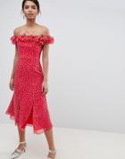 Keepsake Ruffle Bardot Midi Dress In Polkadot - Red