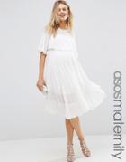 Asos Maternity Sheer And Solid Crop Top Pleated Midi Dress - Cream