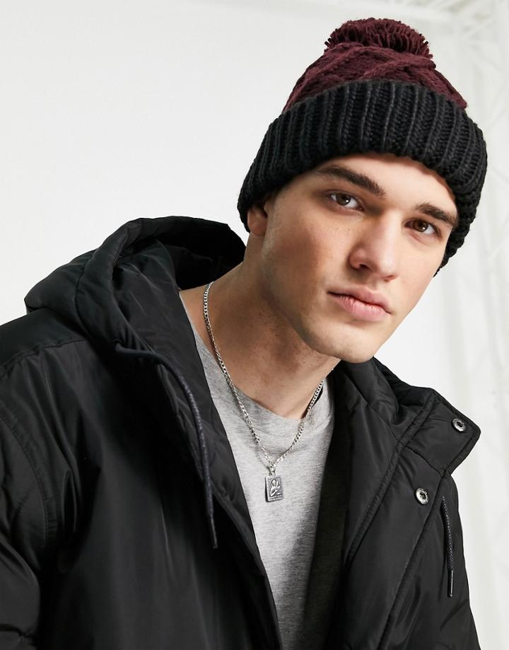 French Connection Cable Bobble Two Color Beanie Hat In Burgundy-red