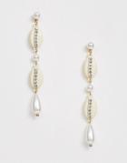 Asos Design Earrings With Pearl And Crystal Studded Faux Shells In Gold Tone