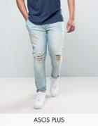Asos Plus Super Skinny Jeans With Knee Abrasions In Bleach Blue - Blue