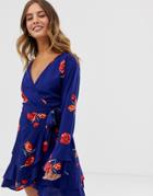 Influence Wrap Frill Skirt Floral Dress In Navy - Navy