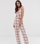 Asos Design Tall Casual Check Jumpsuit With Rope Straps And Button Front-multi