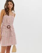 Asos Design Square Neck Linen Mini Sundress With Wooden Buckle & Contrast Stitch In Gingham - Multi