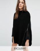Stitch & Pieces Fitted Knit Poncho With Zips - Black