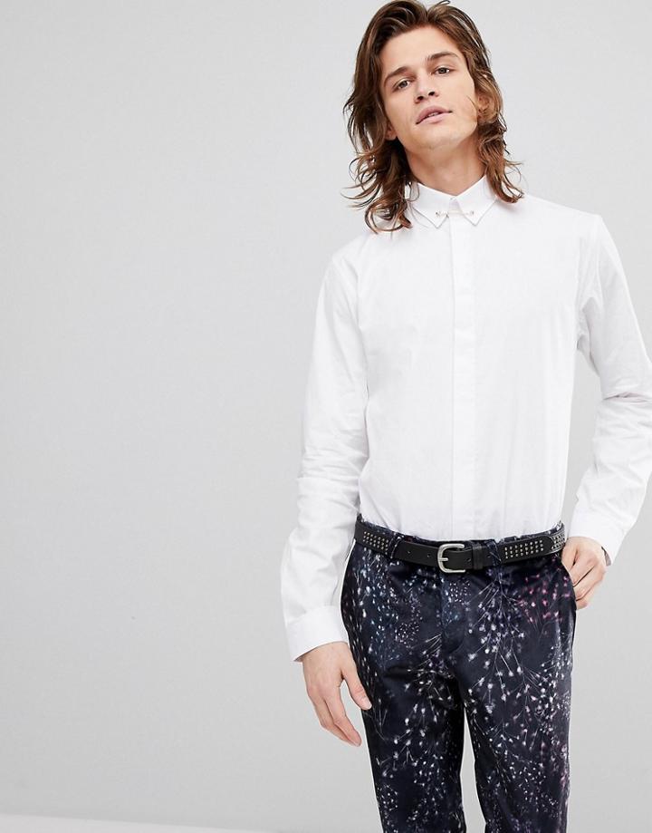 Noose & Monkey Skinny Shirt With Collar Pin - White