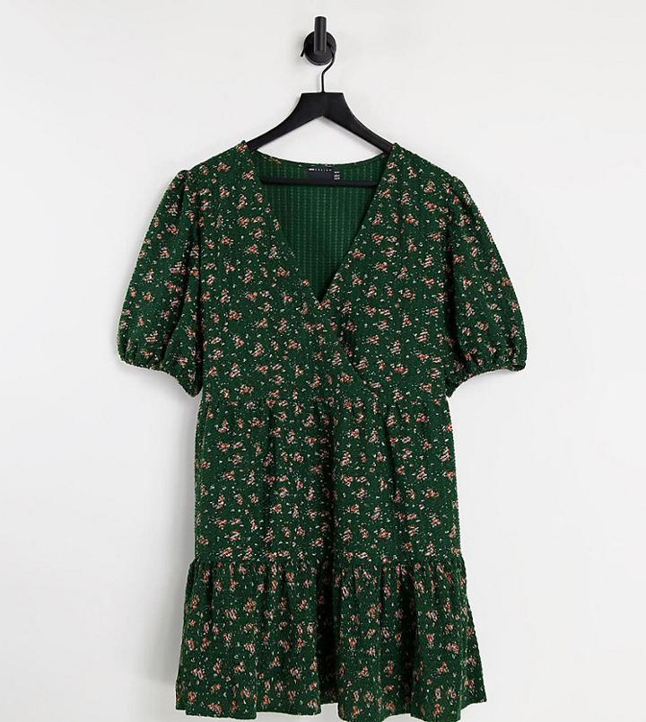 Asos Design Curve Textured Mini Wrap Dress With Pep Hem In Forest Green Floral