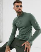 Asos Design Skinny Long Sleeve Polo Shirt With Ma1 Pocket In Khaki-green