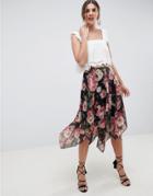 Asos Design Soft Floral Print Midi Skirt With Layered Hanky Hem - Multi