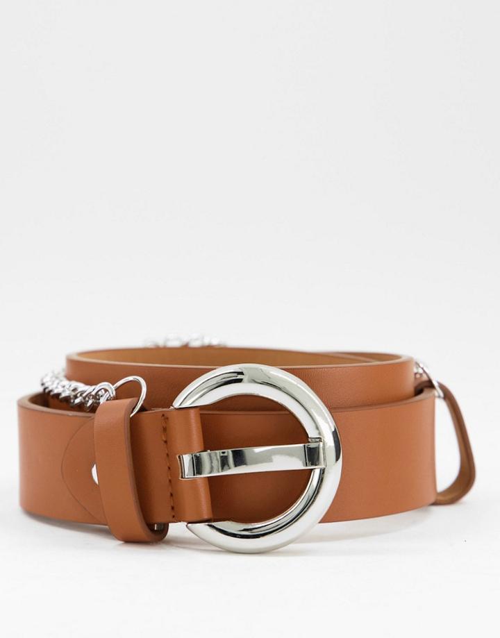 Glamorous Waist & Hip Belt With Silver Chain In Recycled Tan Pu-brown