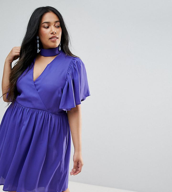 Asos Curve Skater Dress With Flutter Sleeve - Blue