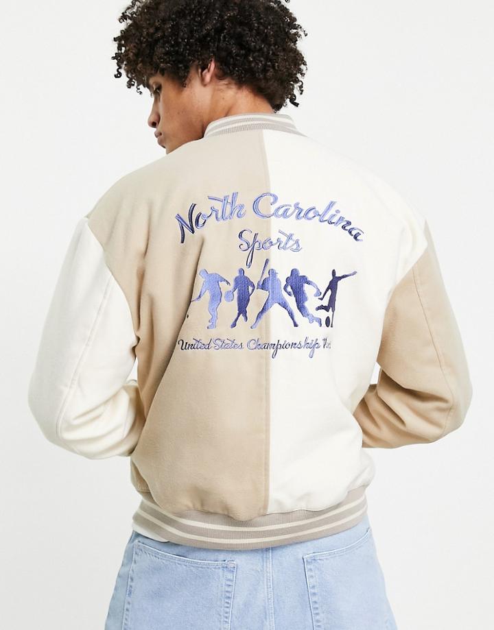 Asos Design Oversized Spliced Bomber Jacket With Embroidery In Stone-neutral