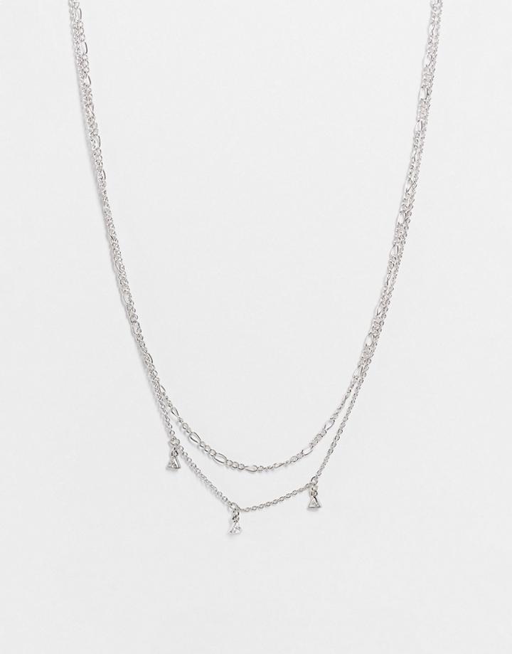 Topshop Fine Tri Stone Crystal Multirow Necklace In Silver