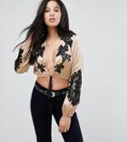 Kiss The Sky Tall Long Sleeve Plunge Embroidered Crop Top In Satin With Tie Front - Gold
