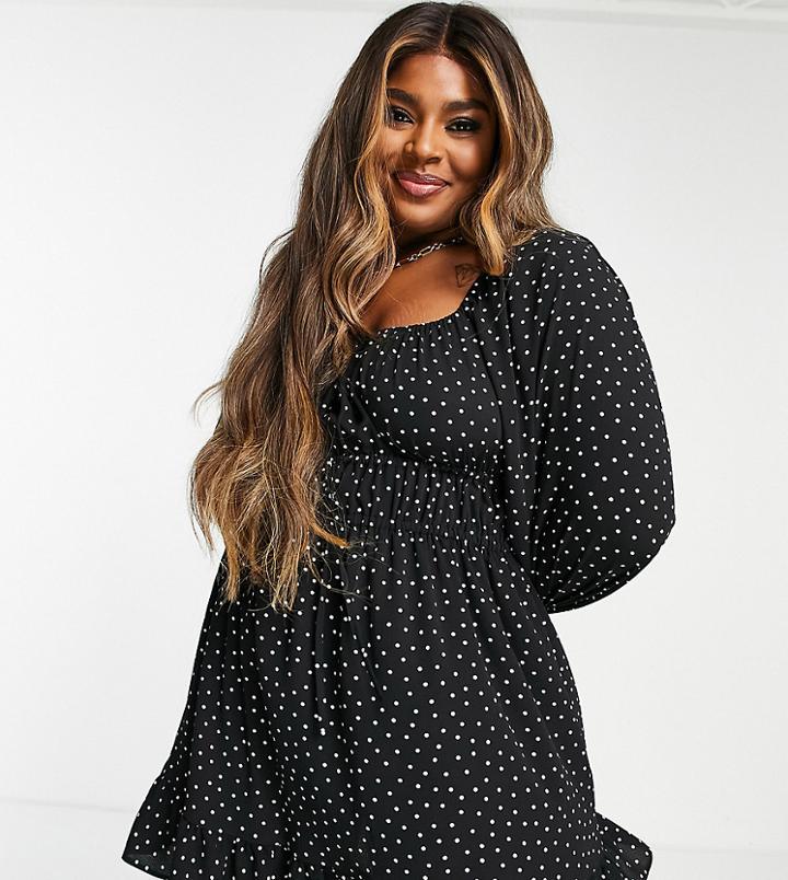 Asos Design Curve Tie Front Mini Long Sleeve Tea Dress In Black Spot-multi