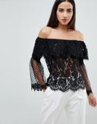 Club L Bardot Lace Top With Polka Dot Mesh Frill Sleeve Arms - Black