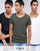 Asos 3 Pack T-shirt With Scoop Neck In White/black/green - Multi