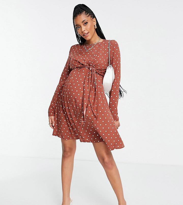 Asos Design Maternity Nursing Mini Wrap Dress With Long Sleeves In Rust Spot-multi
