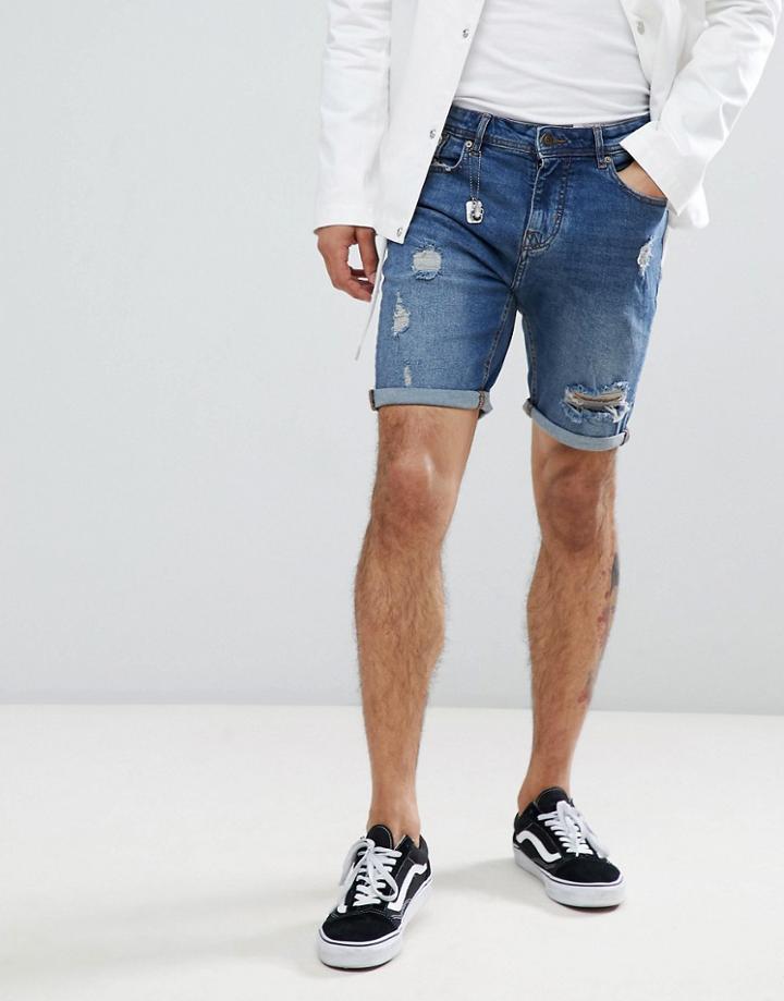 Pull & Bear Slim Fit Denim Shorts In Blue With Rips - Blue