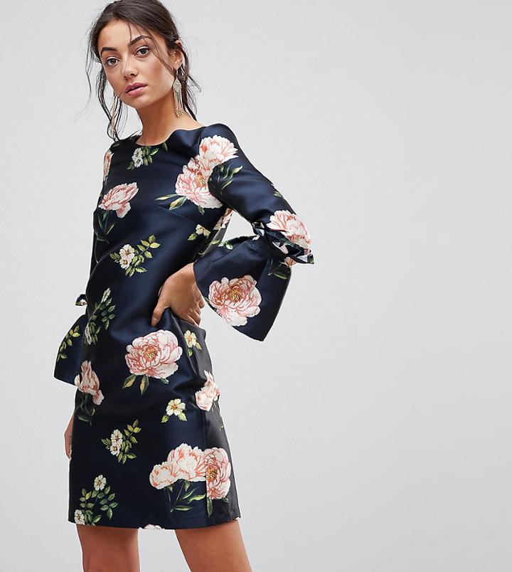 Chi Chi London Tall Satin Shift Dress In Floral Print With Voluminous Sleeve - Multi