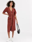 Asos Design Popper Midi Dress With Puff Sleeves
