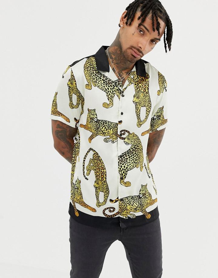 Asos Design Regular Fit Satin Shirt In Tiger Print - White