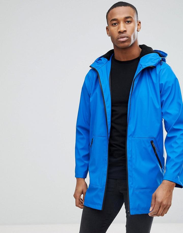 Asos Shower Resistant Rain Coat With Fleece Hood In Blue - Blue