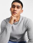 Asos Design Muscle Fit Waffle Texture Sweater In Light Gray-grey