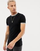 Asos Design Muscle Fit T-shirt With Tipping In Black - Black