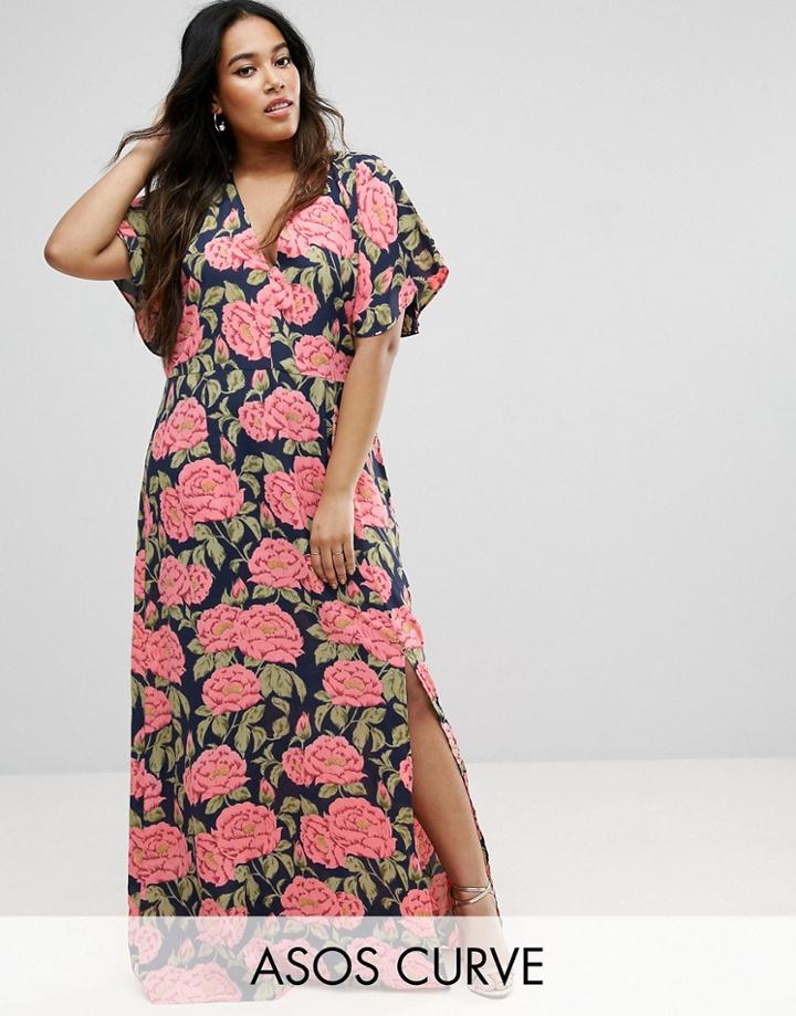 Asos Curve Navy Floral Kimono Maxi Dress - Multi