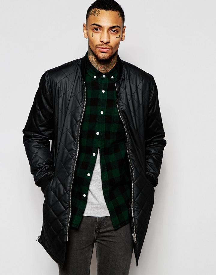 Asos Longline Quilted Bomber Jacket - Black