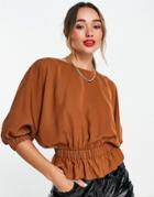 Asos Design Scoop Neck Blouse With Peplum Hem & Tie Back In Brown