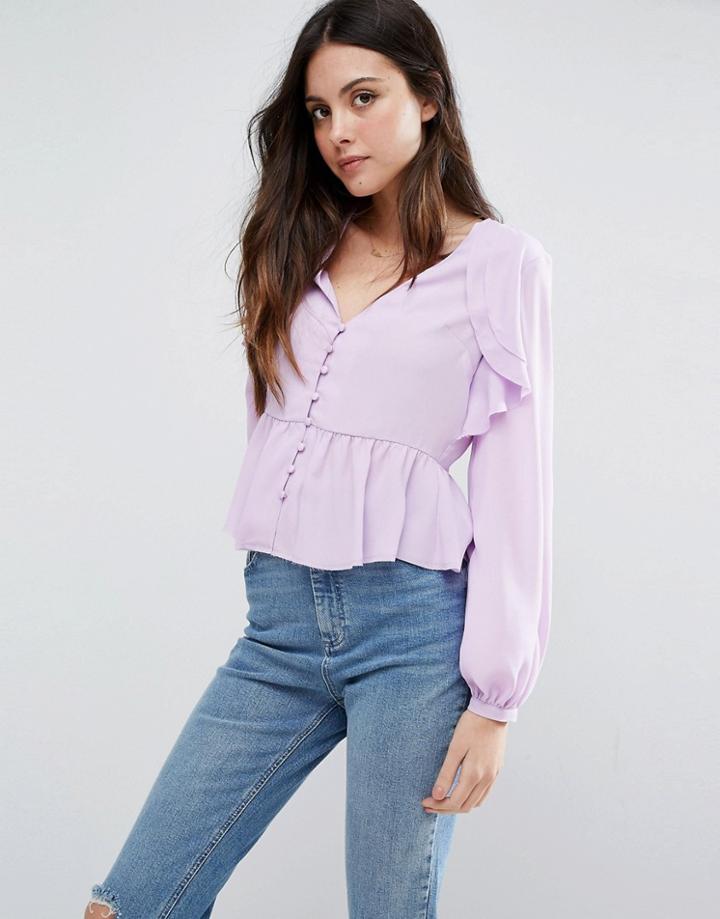 Asos V Neck Blouse With Ruffle Front & Pep Hem - Purple