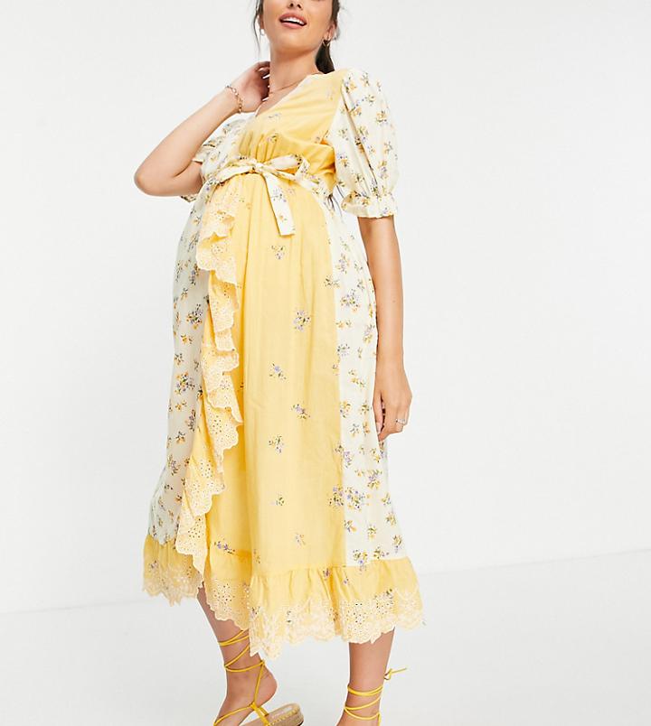 Asos Design Maternity Wrap Midi Dress With Broderie Trim In Mixed Floral Print-multi